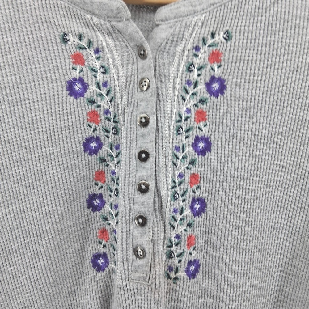 Woman Within Gray Floral Embroidered Thermal Knit Henley Tee Plus Sz 2X Cozy - Picture 4 of 11